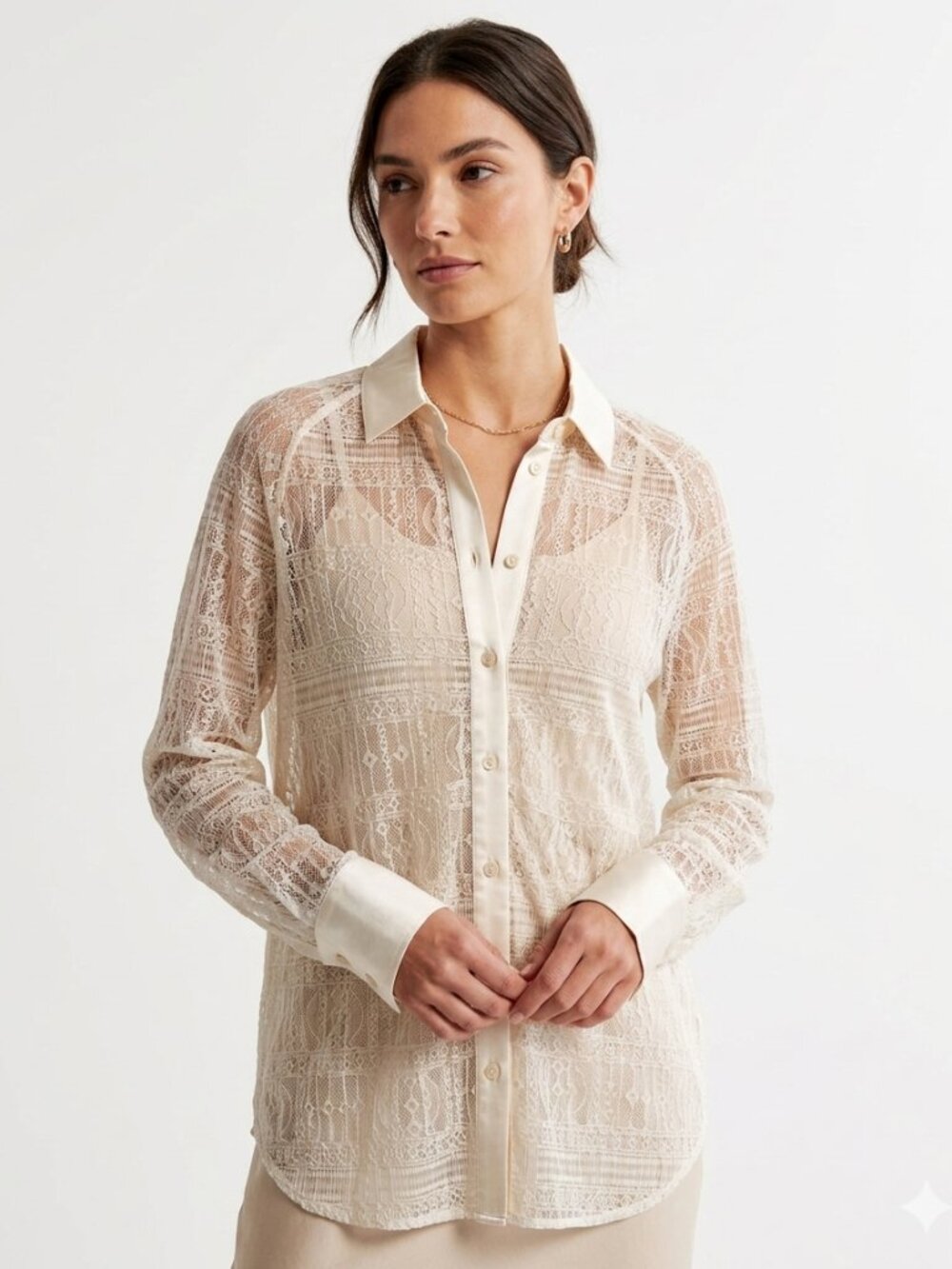NWT JASON WU CREAM SEETHROUGH LACE SATIN BUTTON DOWN TUNIC